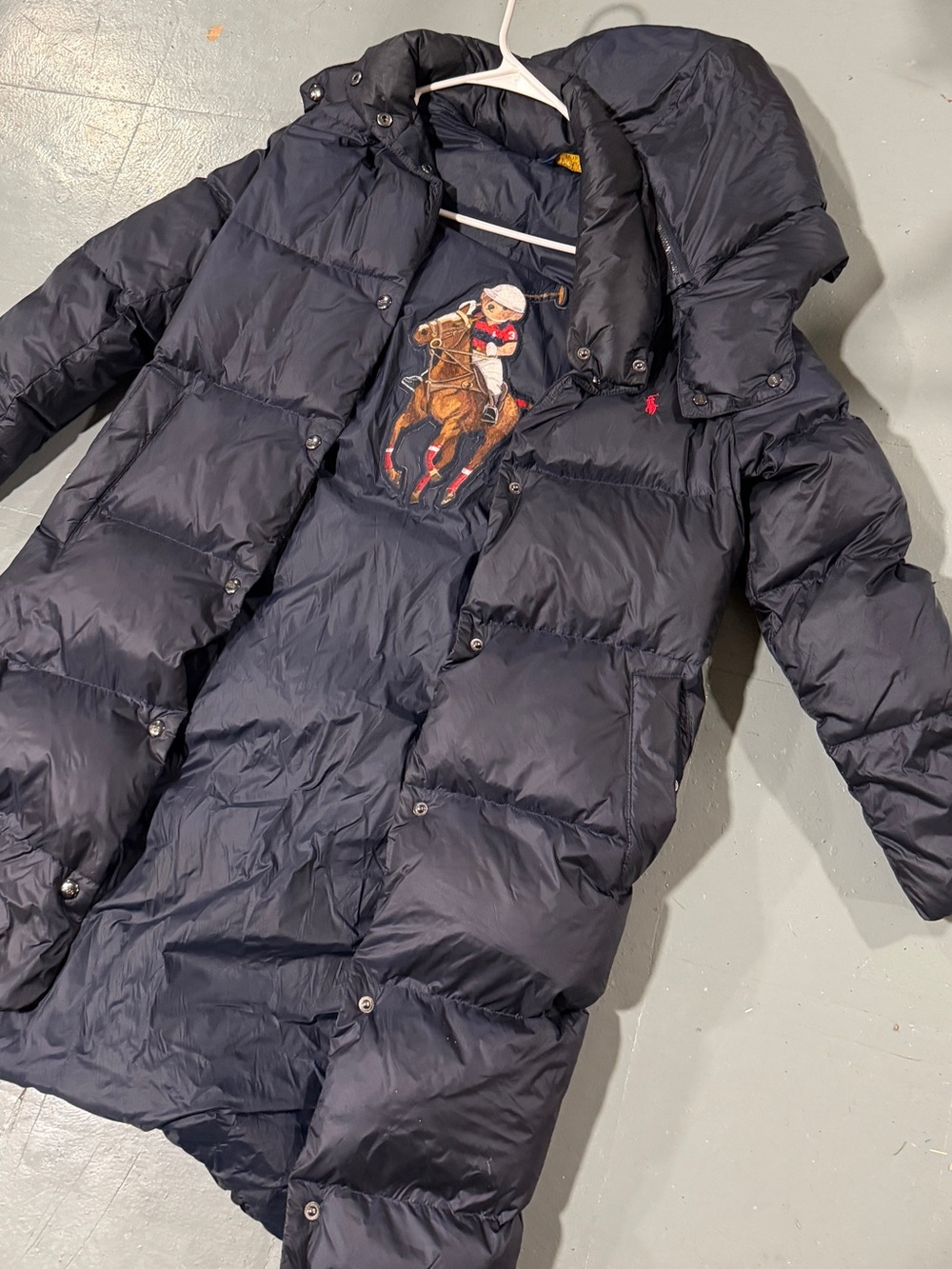 Ralph Lauren Navy Long Puffer Coat with Polo Player Embroidery